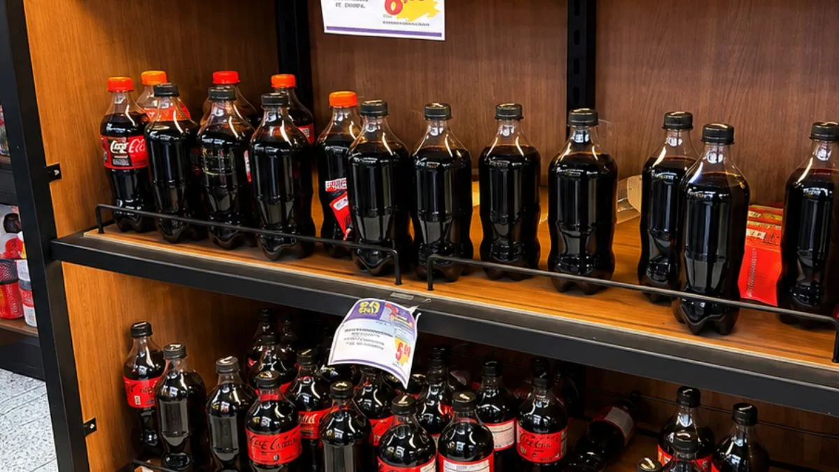 Garrafas de Coca-Cola sem os rótulos da embalagem.
