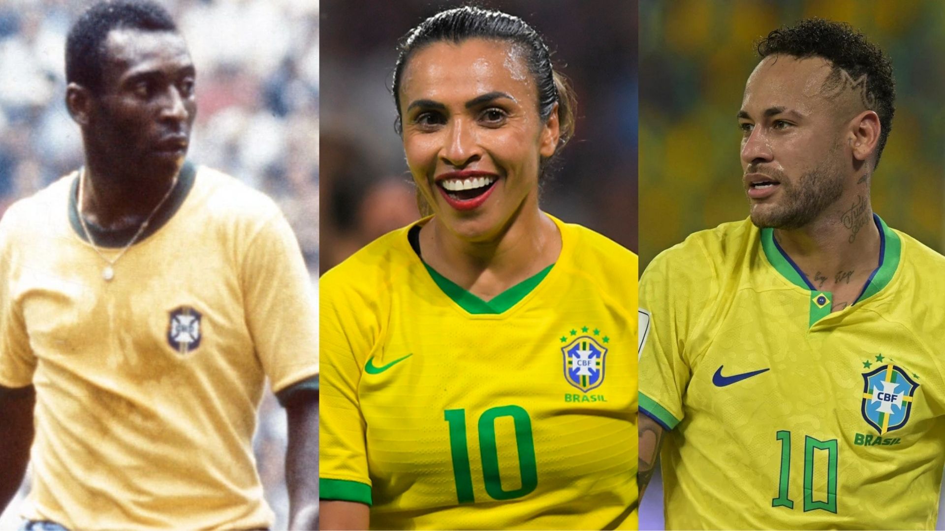 Pelé, Marta e Neymar, respectivamente.