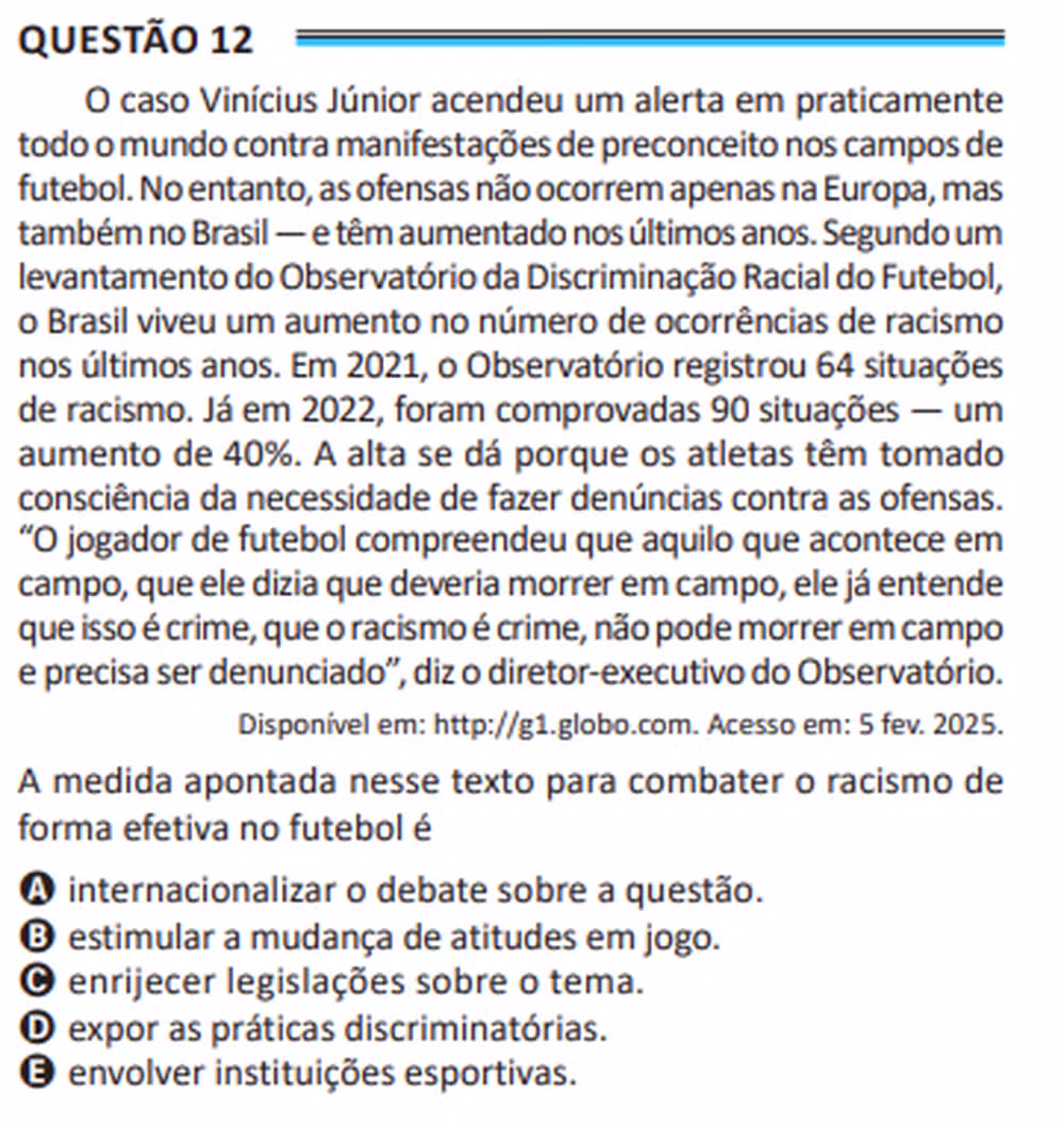 Questão 12 do Enem 2025, aplicado em Belém, cita Vini Jr.