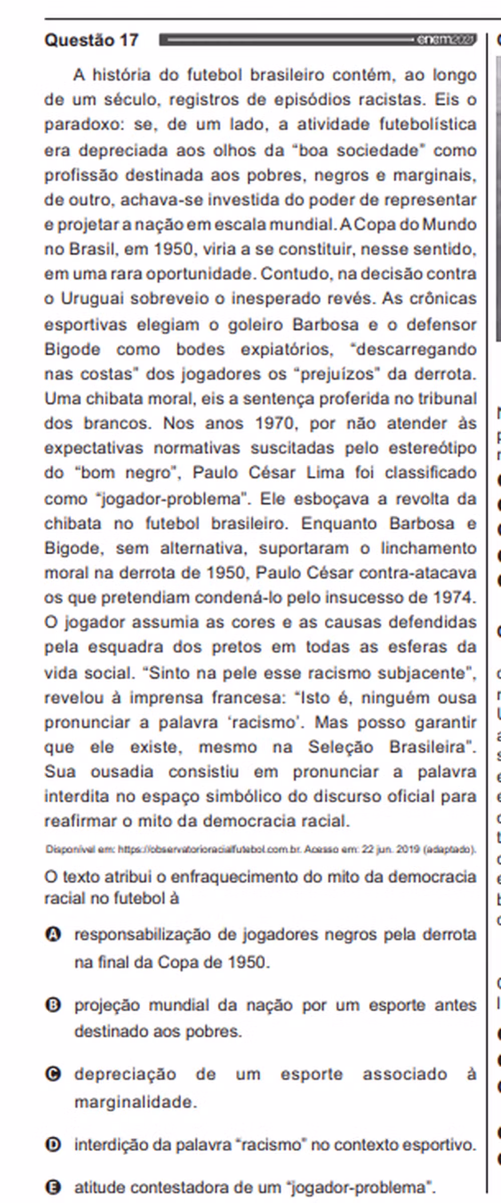 Questão 17 do Enem 2021 cita jogadores da Copa de 1950.