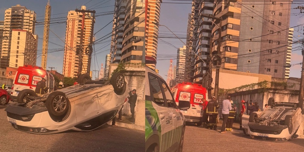 Com o impacto da colisão, o automóvel capotou e ainda atingiu um poste de energia, que não sofreu danos estruturais

