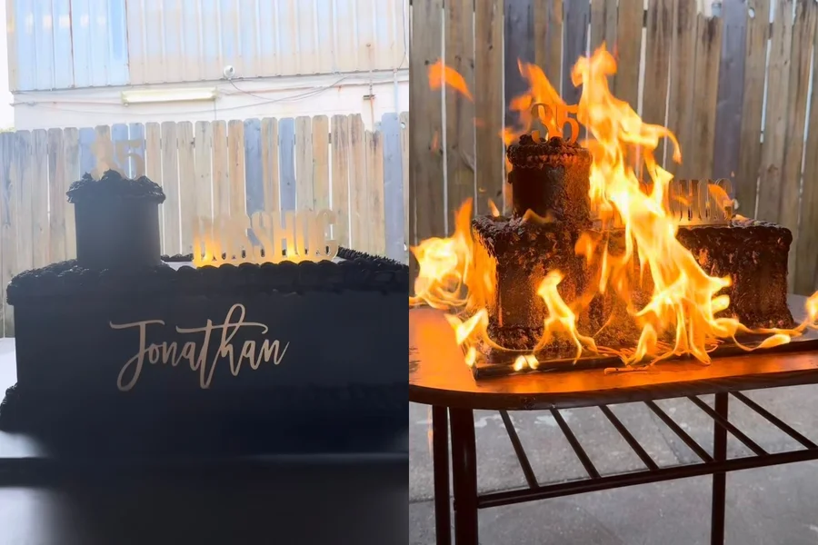 (O vídeo do momento em que o bolo é incendiado viralizou nas redes sociais e já acumula milhões de visualizações.)