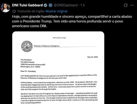 Carta postada no perfil oficial de Tulsi Gabbard.