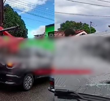Imagem - Equipamento se desprende de carreta e atinge carro, em Bragança