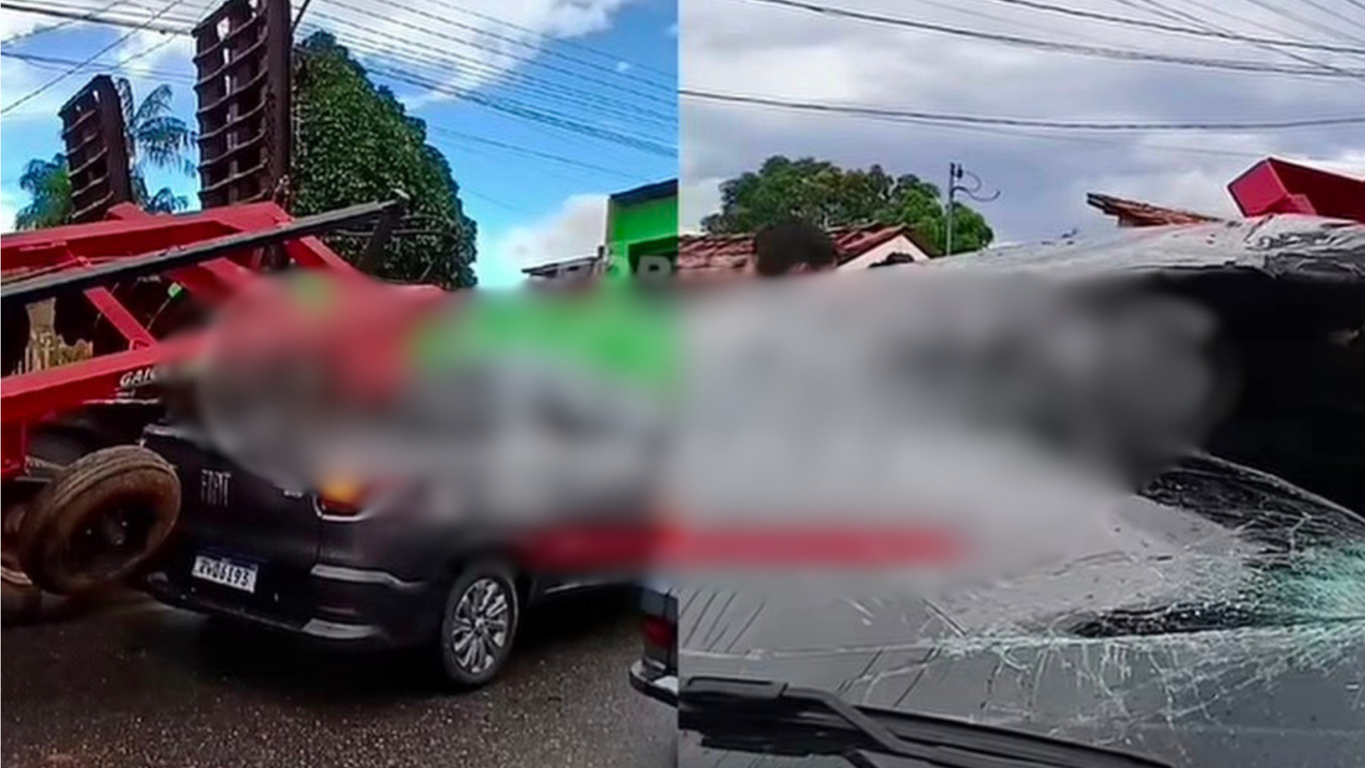 Imagem - Equipamento se desprende de carreta e atinge carro, em Bragança