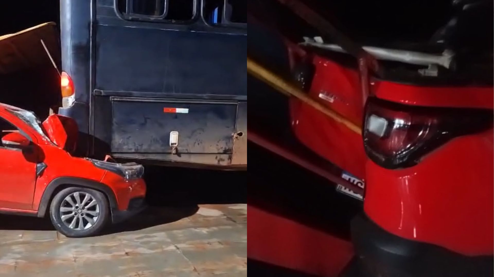 Carro fica destruído após ser prensado por ônibus durante travessia de balsa em Viseu