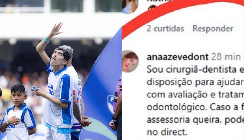 A cirurgiã-dentista Ana Azevedo comentou em uma publicação de apoio ao torcedor e se colocou à disposição para realizar gratuitamente a avaliação e o tratamento odontológico de Pampam