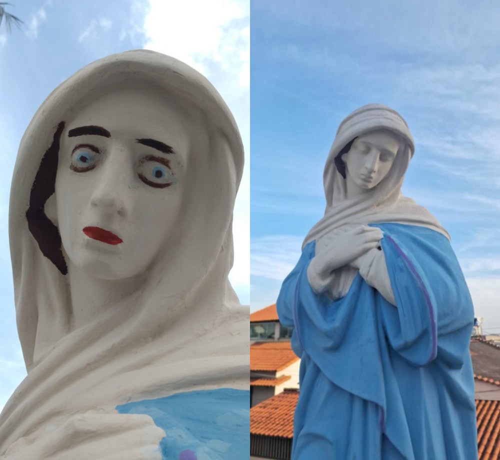 Pinturas que alteraram e descaracterizaram as feições das esculturas do Monumento do Calvário de Jesus, em Carmo do Cajuru, no Centro-Oeste de Minas Gerais.