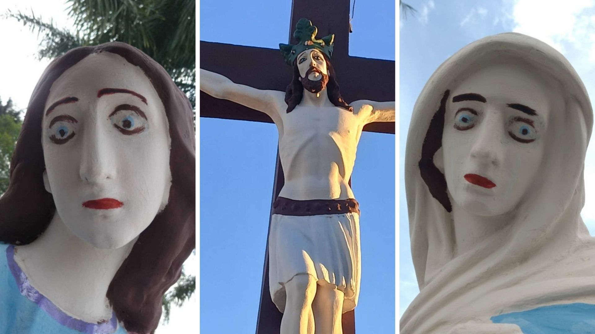 Pinturas que alteraram e descaracterizaram as feições das esculturas do Monumento do Calvário de Jesus, em Carmo do Cajuru, no Centro-Oeste de Minas Gerais.