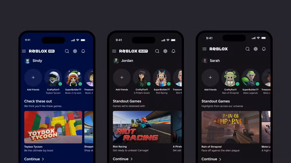 Roblox Kids, para crianças menores de 9 anos, Roblox Select, para jogadores de 9 a 15 anos, e Roblox 'padrão', para pessoas com mais de 16 anos.