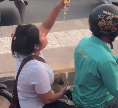 Imagem - ‘Mãe de pet’ viraliza ao ser flagrada segurando medicação de cachorrinho durante viagem de moto