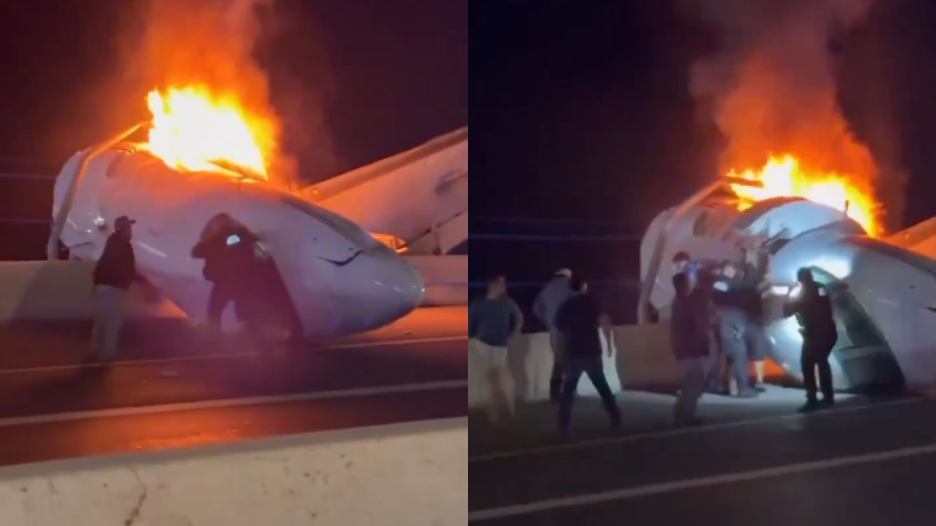 Socorristas precisaram quebrar o para-brisa da aeronave para retirar os passageiros enquanto o fogo se alastrava. 