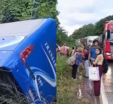 Imagem - Ônibus tomba próximo a Breu Branco e interdita trecho da PA-151