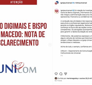 Imagem - Igreja Universal se pronuncia após operação da PF envolvendo Banco Digimais e bloqueio de R$ 670 milhões
