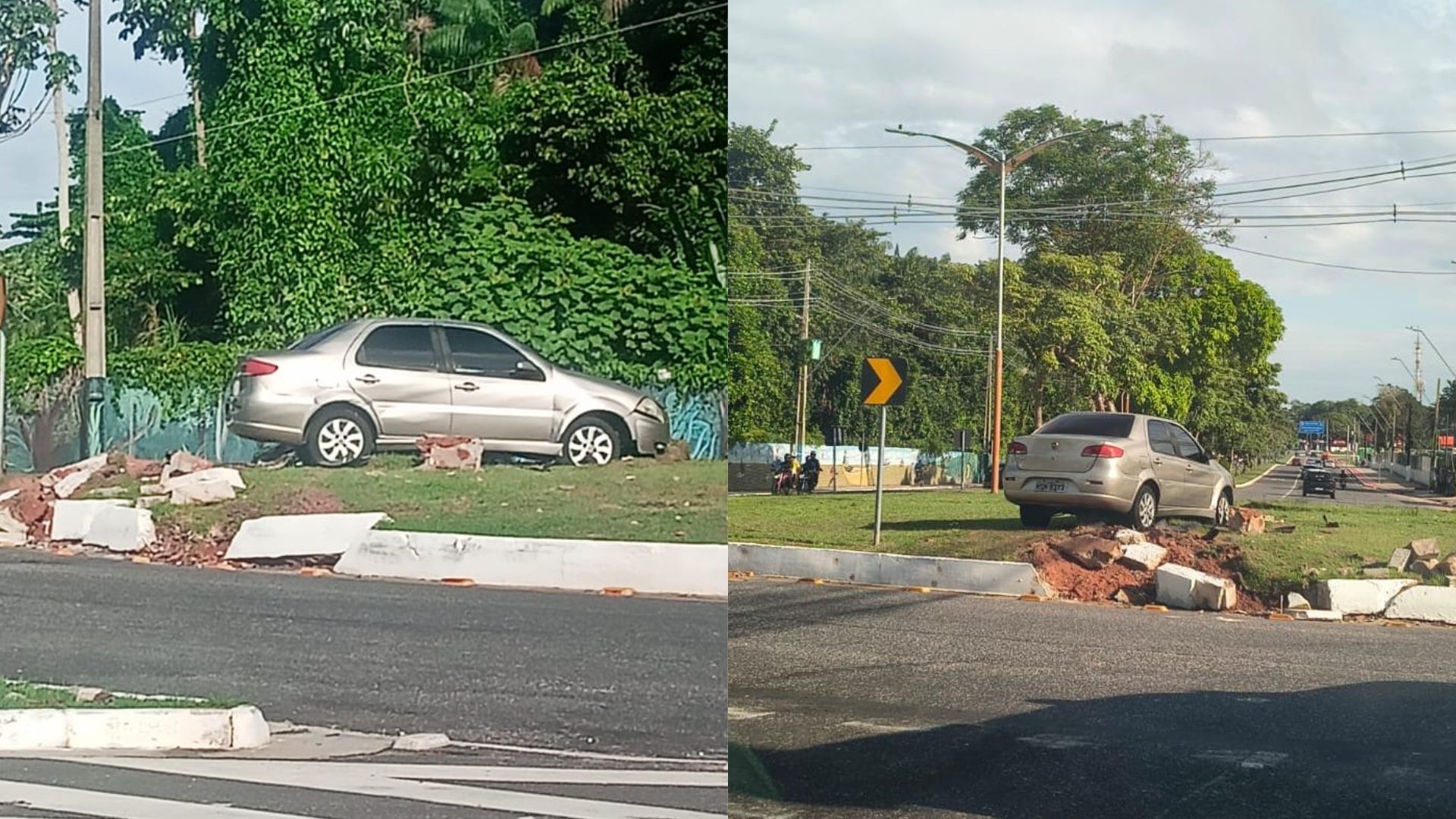 Carro invade canteiro de rotatória próximo ao Aeroporto de Belém