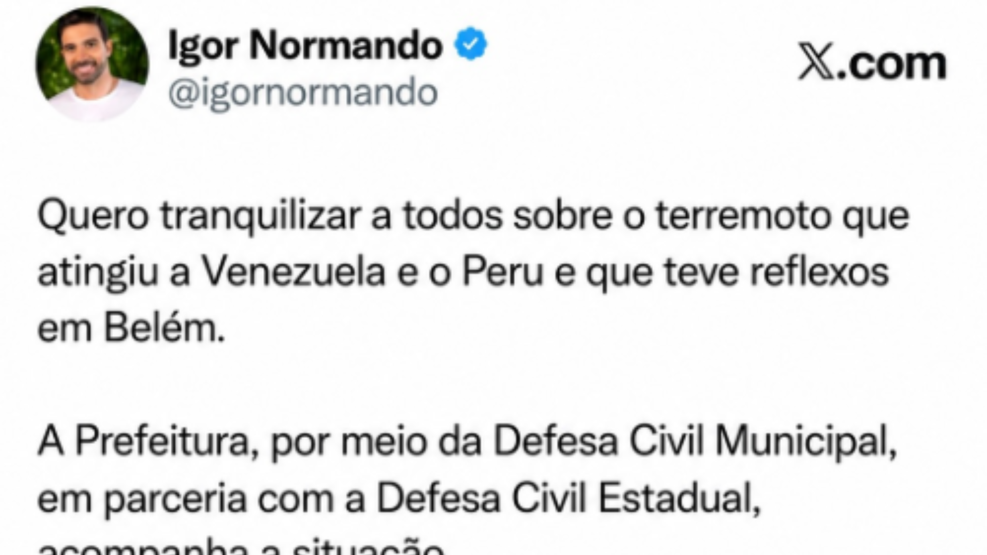 Imagem - Prefeito afirma que Defesa Civil monitora tremores e pede calma à população em Belém