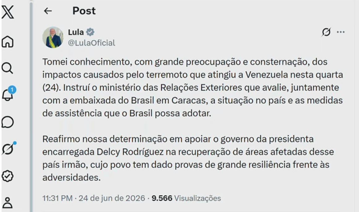 Lula afirma que Brasil avalia medidas de assistência à Venezuela após terremoto