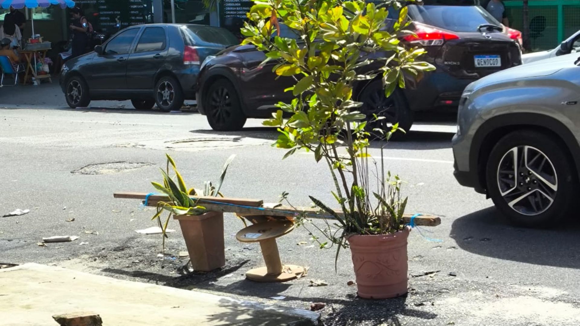 Imagem - Vaso de planta é usado para 'reservar' vaga na rua e atrapalha trânsito em Belém