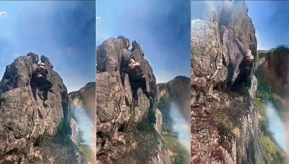 Vídeo flagra instante exato em que guia despenca de penhasco ao posar para foto