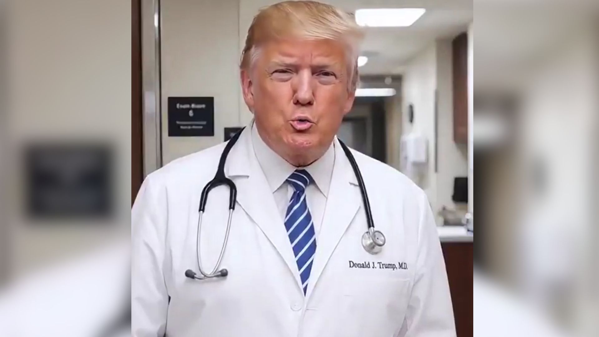 Montagem mostra o presidente dos Estados Unidos como médico e usa versões geradas por inteligência artificial de artistas em depoimentos fictícios.