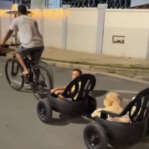 (Os carrinhos improvisados, equipados com cadeirinhas seguras, viralizaram pela engenhosidade e pelo carinho visível do pai.)