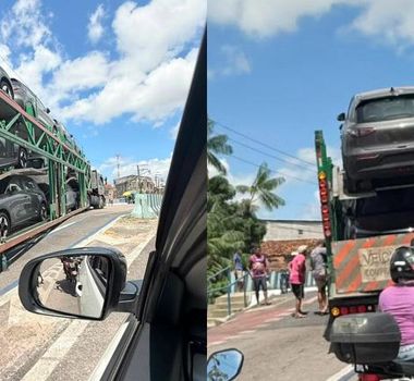 Imagem - Caminhão cegonha engata na ponte do Barreiro e fecha o trânsito rumo ao centro de Belém