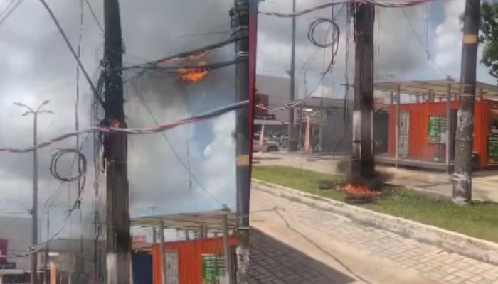Curto-circuito provoca princípio de incêndio em poste na Praça Matriz de Marituba