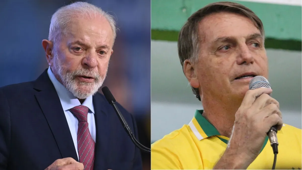 À esquerda, o atual presidente do Brasil, Lula (PT), e à direita, Bolsonaro (PL).