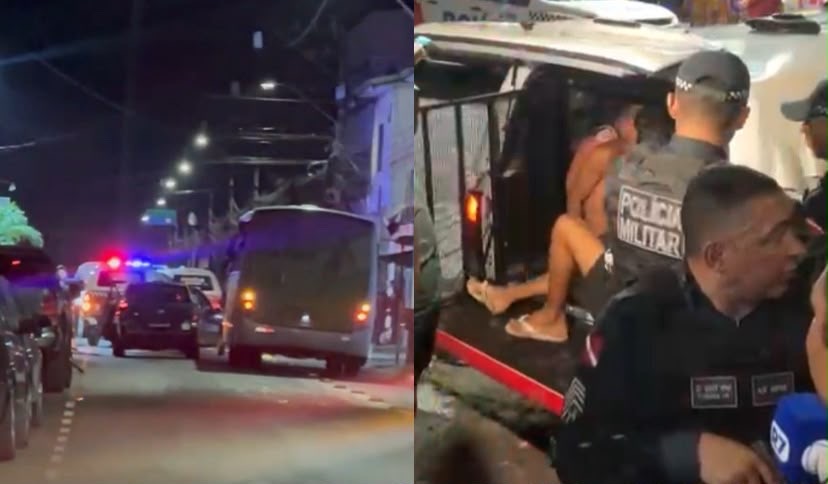 Imagens que circulam nas redes sociais mostram dois suspeitos já detidos e sendo colocados em uma viatura policial após a intervenção da Polícia Militar