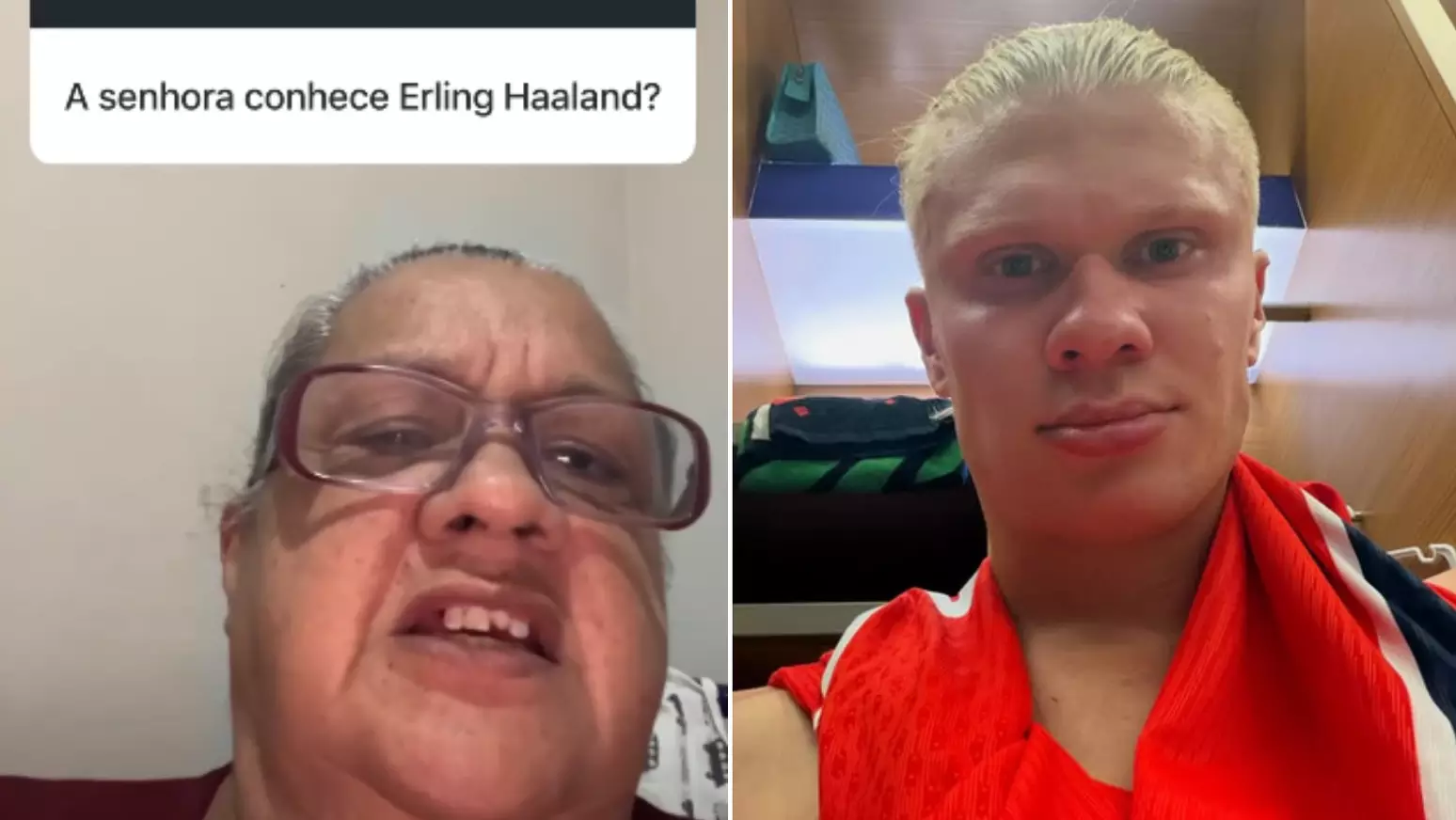 (No vídeo, a mulher é perguntada se conhece Erling Haaland e demonstra grande dificuldade para ler o nome, gerando muitas risadas dos internautas.)