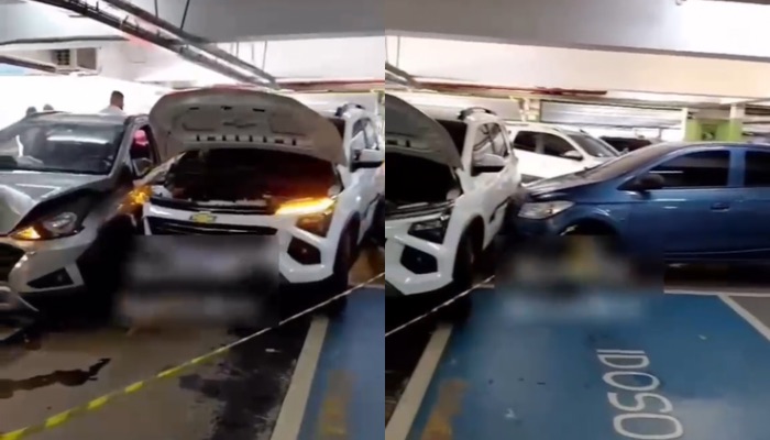 Acidente envolve três veículos em estacionamento de supermercado em Belém