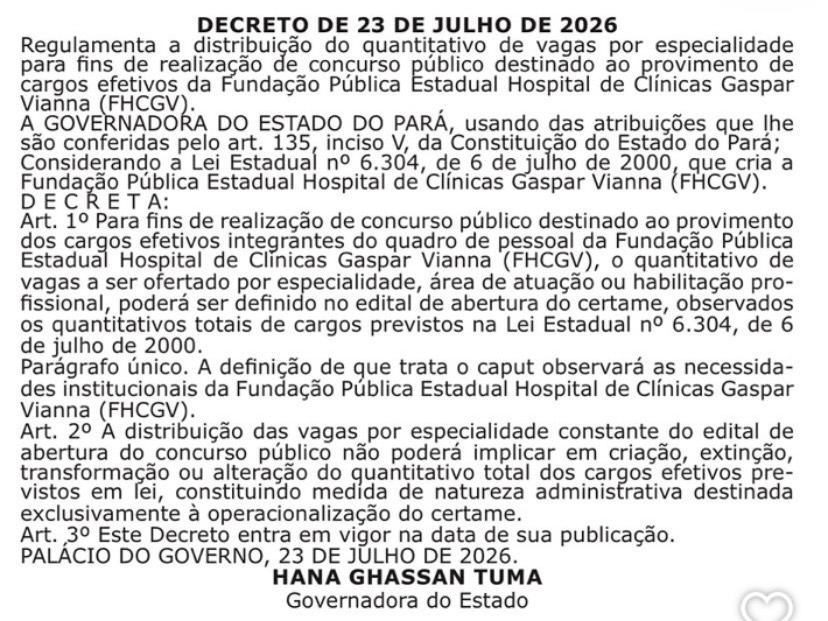 Governo do Pará publicou decreto que organiza as vagas do concurso; próximo passo é a divulgação do edital


