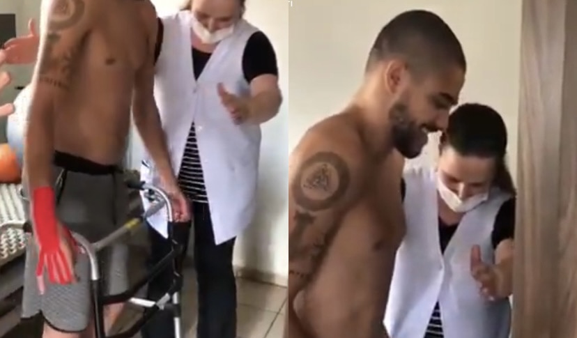 Imagens registradas durante a reabilitação mostram o momento em que Kairo Alves volta a caminhar com auxílio de uma fisioterapeuta e emociona internautas