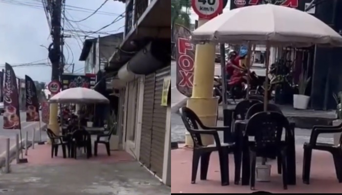 Cafeteria ocupa calçada e impede passagem de pedestres em Ananindeua