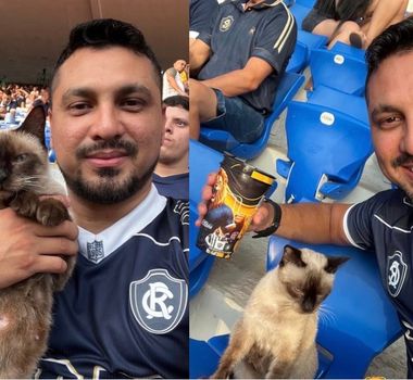 Imagem - Gato no colo de torcedor do Leão chama atenção durante jogo entre Remo X Atlético-MG no Mangueirão