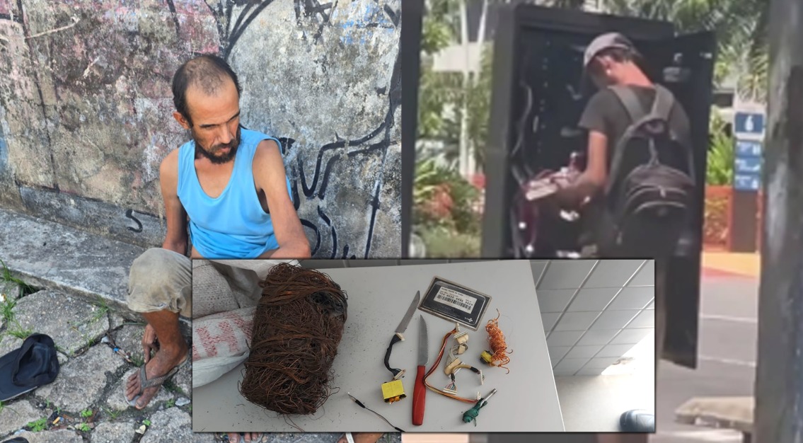 (O suspeito foi localizado por agentes que realizavam rondas na região, após ter sido flagrado retirando a fiação da estrutura, em plena luz do dia.)