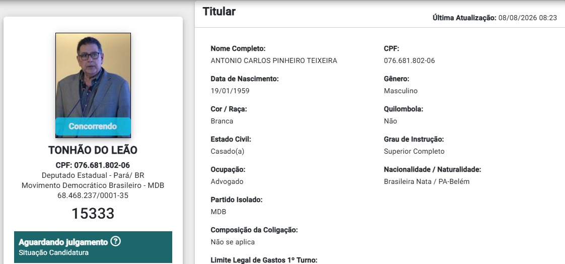Candidatura de Tonhão no site do TSE - 