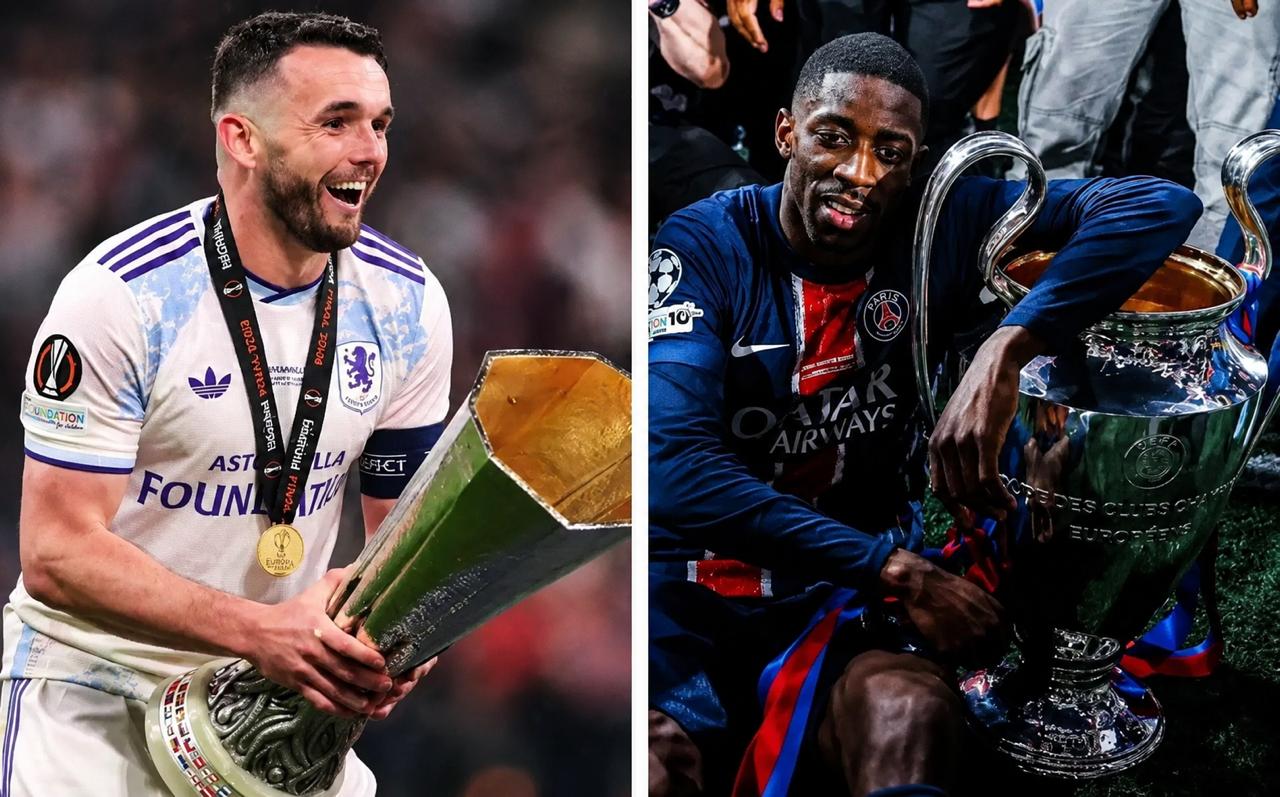 McGinn e Dembélé, comemorando a Europa league e Champions League, respectivamente -
