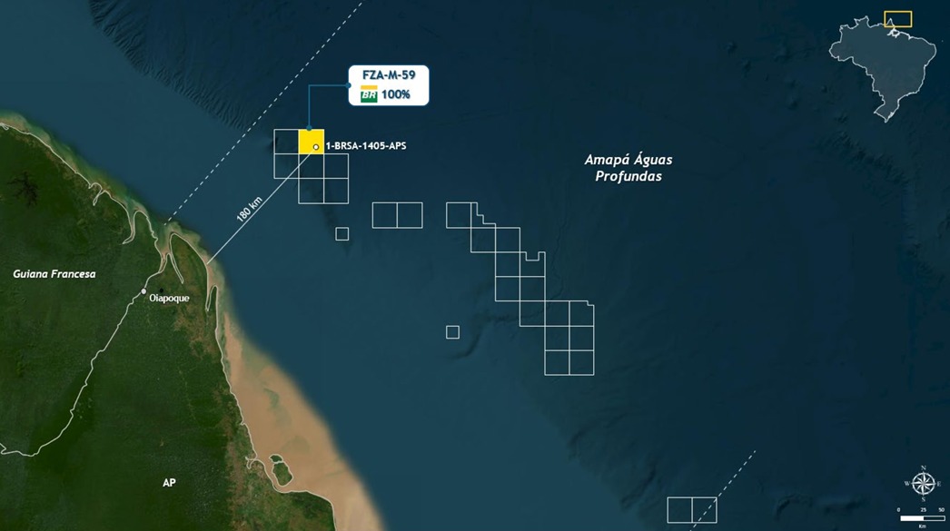 (Mapa da exata localização da presença de hidrocarbonetos no poço exploratório Morpho, localizado na Bacia da Foz do Amazonas, na costa do Amapá.)
