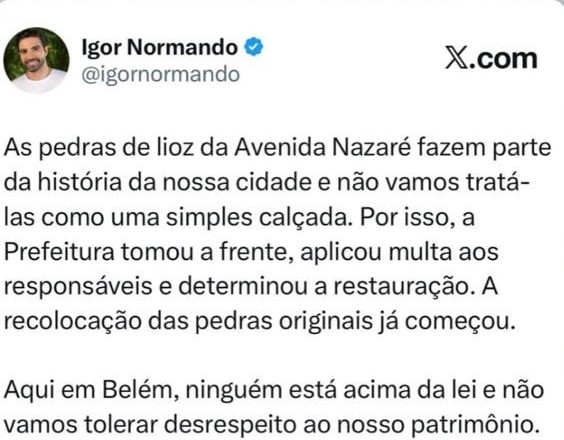 Postagem do prefeito Igor Normando nas redes sociais