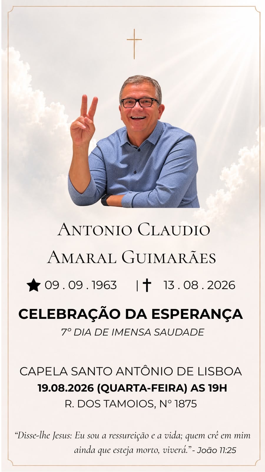 Divulgação da missa de 7º dia do engenheiro Antonio Cláudio Amaral.