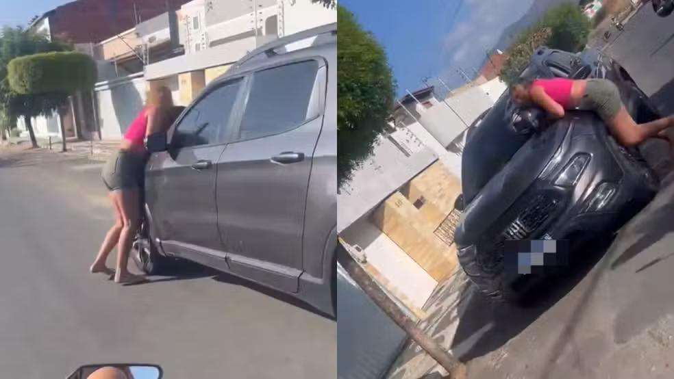 (Imagens registradas por uma pessoa que estava na garupa de uma motocicleta mostram o momento em que a mulher aparece pendurada na porta dianteira direita do veículo enquanto o carro segue em movimento.)