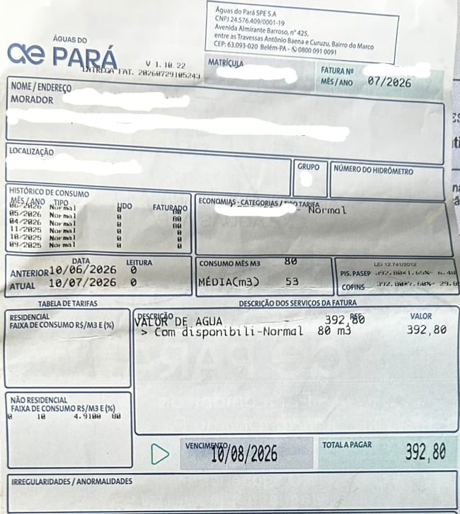 Conta cobrada pela concessionária sobre imóvel fechado há mais de um ano