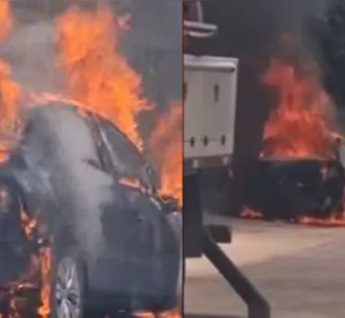 Imagem - Carro pega fogo após cabo de energia cair sobre veículo em Outeiro