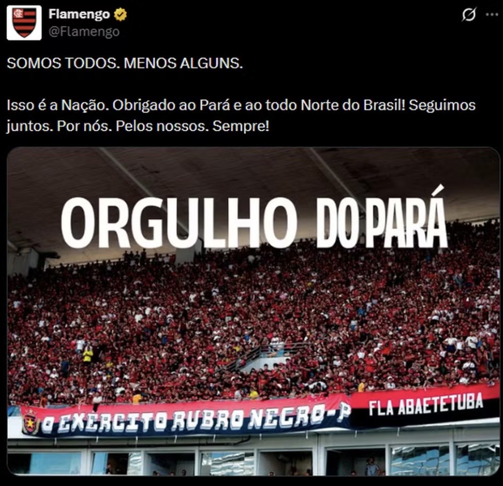 Mensagem postada pelo Flamengo -