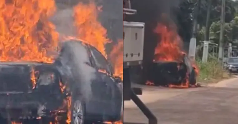 Imagem - Carro pega fogo após cabo de energia cair sobre veículo em Outeiro