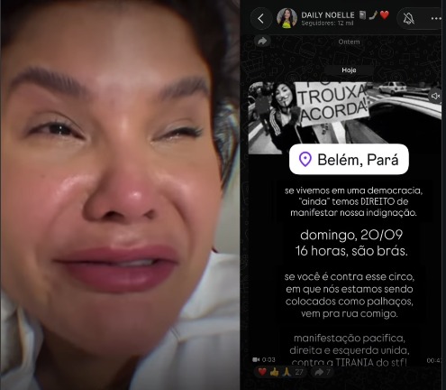 A influenciadora Noelle Araújo chora e convoca os seguidores para uma manifestação contra o STF.