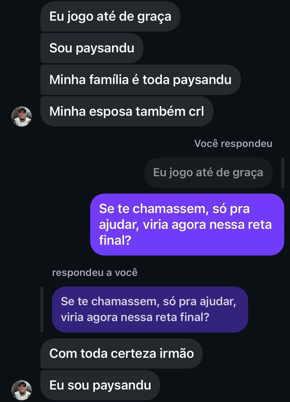 Print da conversa do jogador com um amigo pessoal -