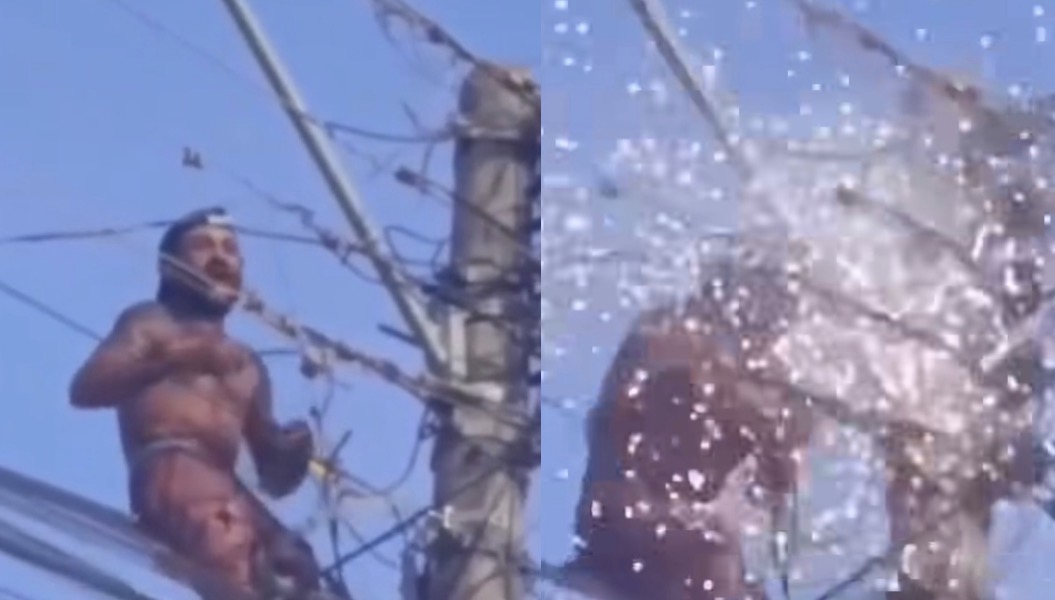 Homem realiza serviço em poste de energia e fiação solta faíscas em Marabá