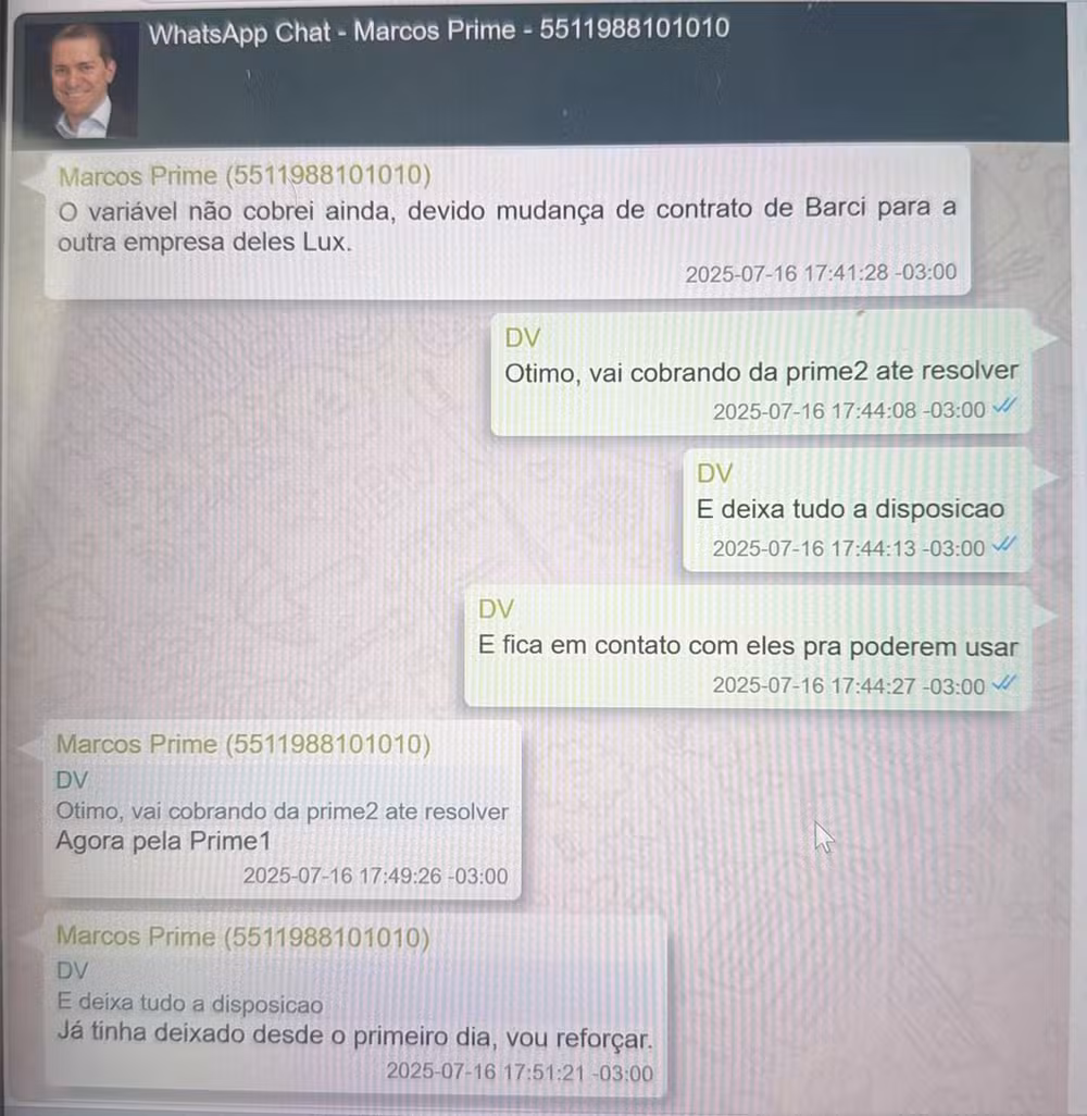 Mensagem entre Vorcaro e Marcos Prime - 